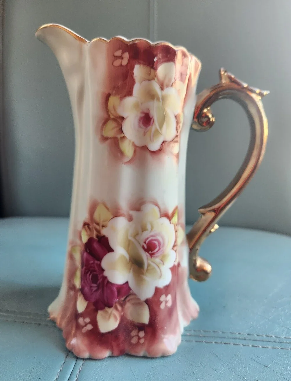 VTG NIPPON Hand Painted Pitcher JAPAN Floral Pale Green PINKS Vase Gold Trim EVC